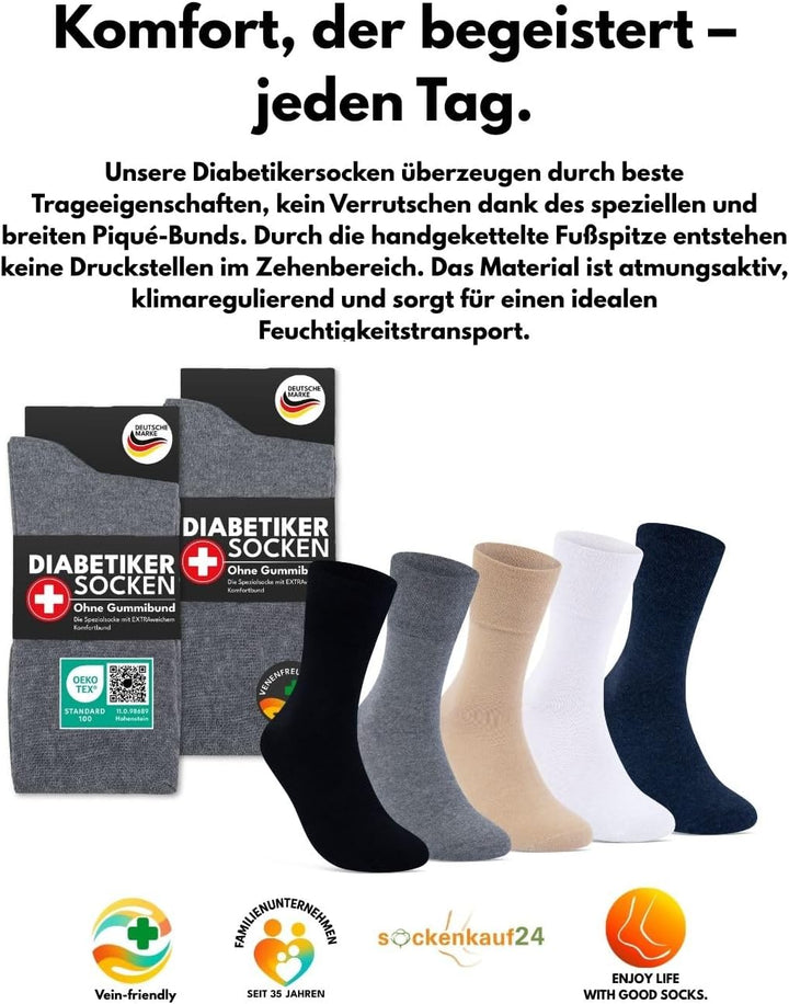 Diabetikersocken ohne Gummi &amp; ohne Naht 97% Baumwolle (6 Paar) Diabetiker Socken mit Komfortbund für