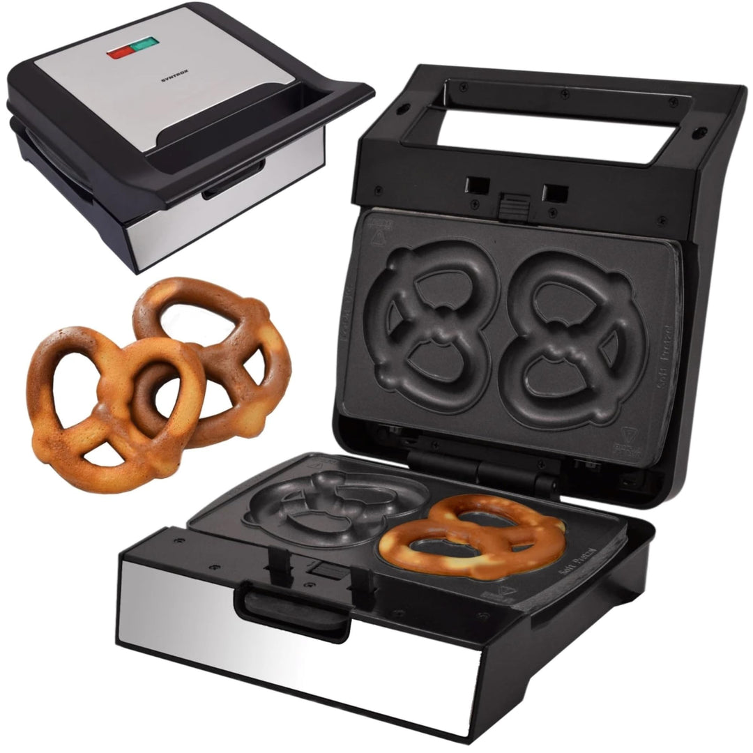 Syntrox Brezel Maker mit Wechselplatten, Edelstahl, schnelles Aufheizen, Antihaftbeschichtet, versch