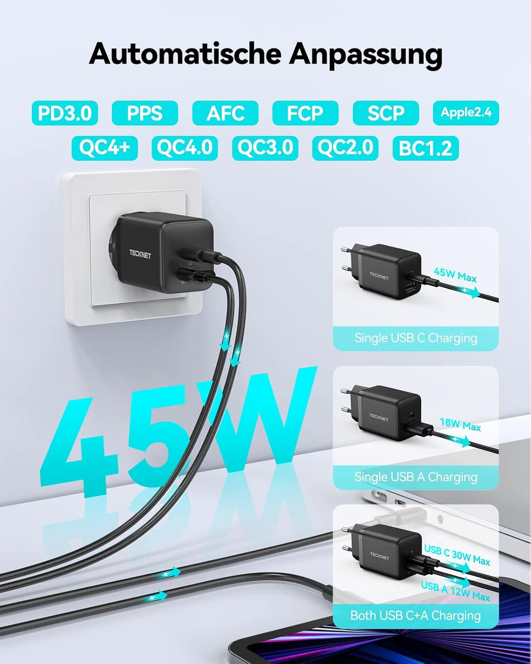 TECKNET 45W USB C ladegerät, 2-Port (1 USB C+1 USB) GAN Ⅲ Netzteil mit einen USB C auf USB C Ladekab