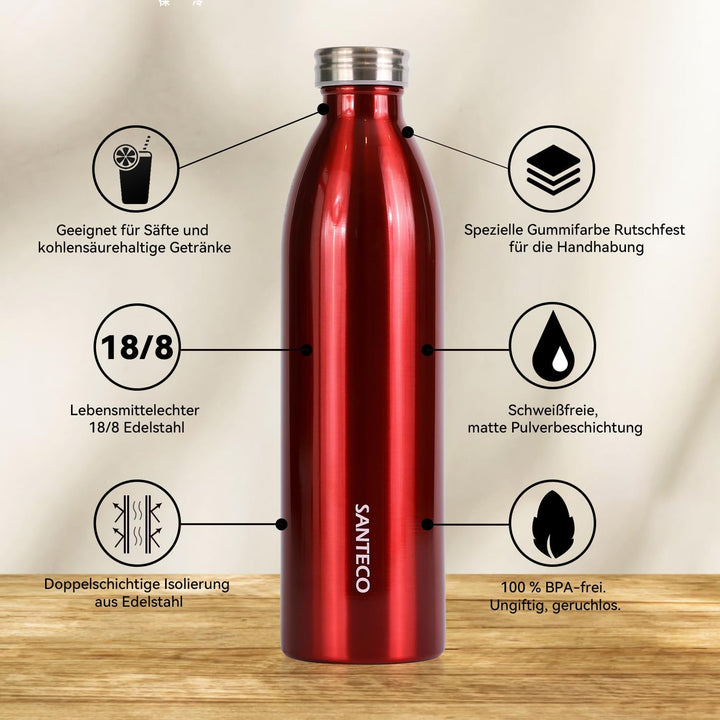 SANTECO Edelstahl Trinkflasche 1L, 100% dicht Thermosflasche 12 h heiss / 24 h kalt, absolut dicht f