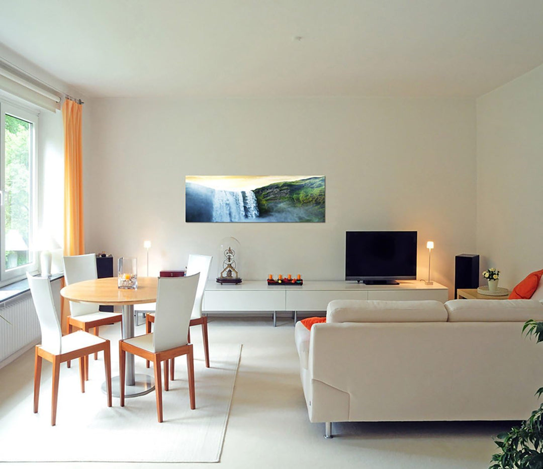 Paul Sinus Art Panoramabild auf Leinwand und Keilrahmen 150x50cm Wasserfall Felsen Himmel Sonnenstra