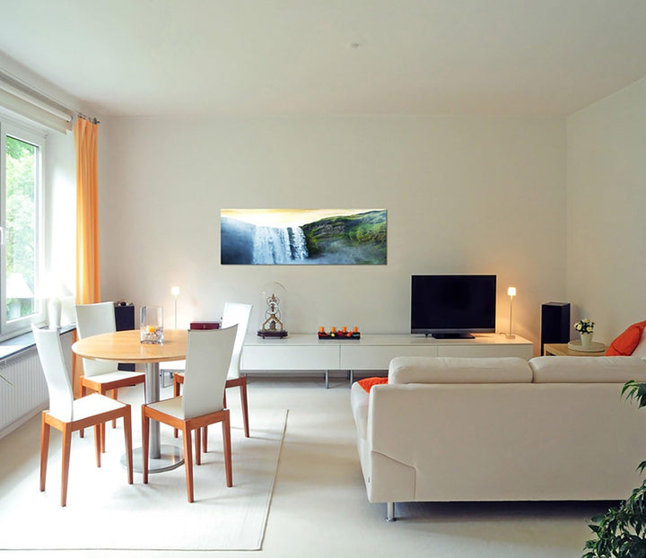 Paul Sinus Art Panoramabild auf Leinwand und Keilrahmen 150x50cm Wasserfall Felsen Himmel Sonnenstra