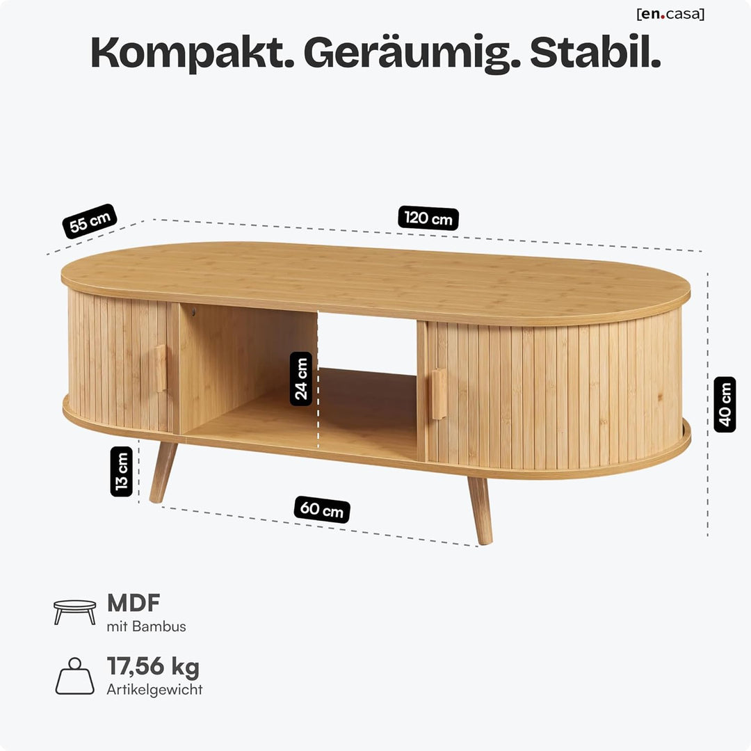 [en.casa] Couchtisch Nordkapp Wohnzimmertisch mit 2 Schiebetüren Bambus Sofatisch mit Stauraum Kaffe