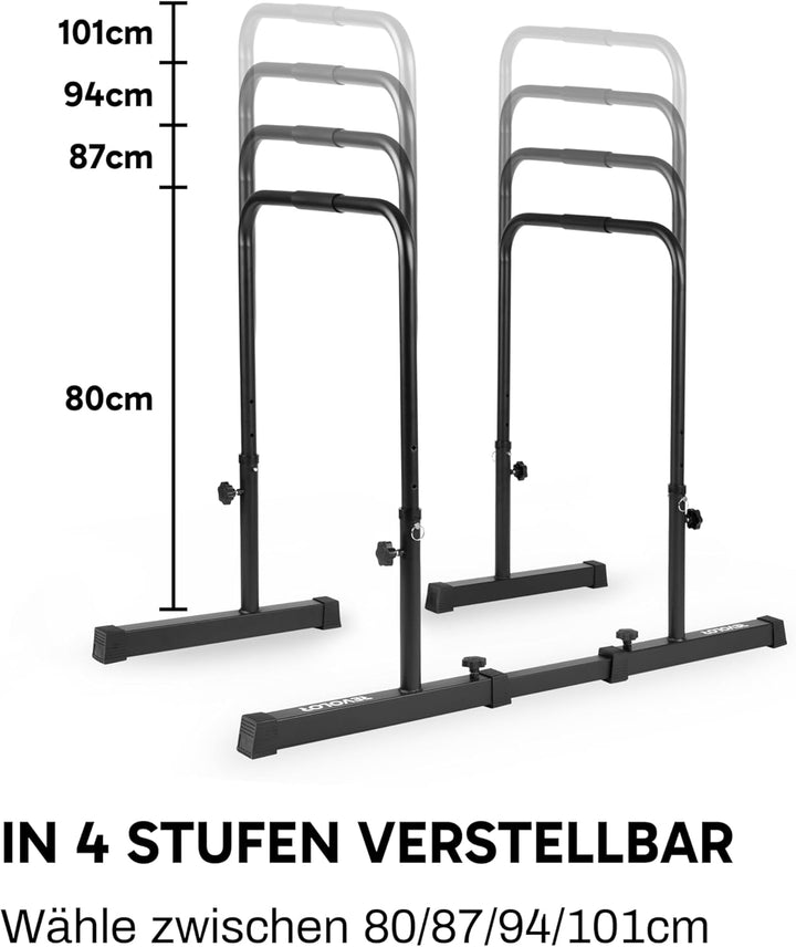 Dip Station Bar Barren – Höhenverstellbar, Breitenverstellbar, bis 200kg belastbar – mit Verbindungs