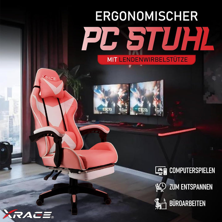 xRace Gaming Stuhl, Bürostuhl, Ergonomischer Pc Stuhl, Gaming Sessel aus Leder mit Lendenwirbelstütz