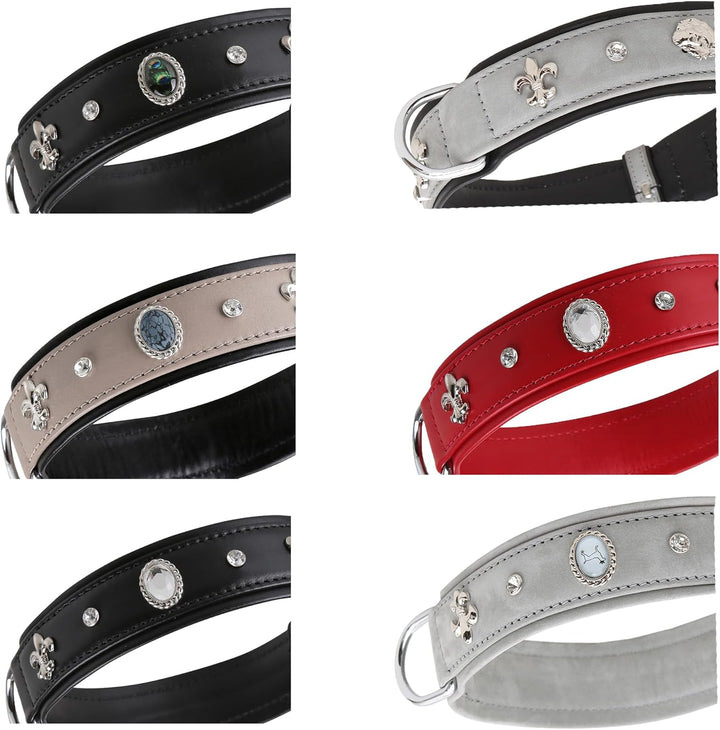 MICHUR EL Pavo Hundehalsband Leder, Lederhalsband Hund, Halsband, Schwarz, Leder, mit Lilien, Strass
