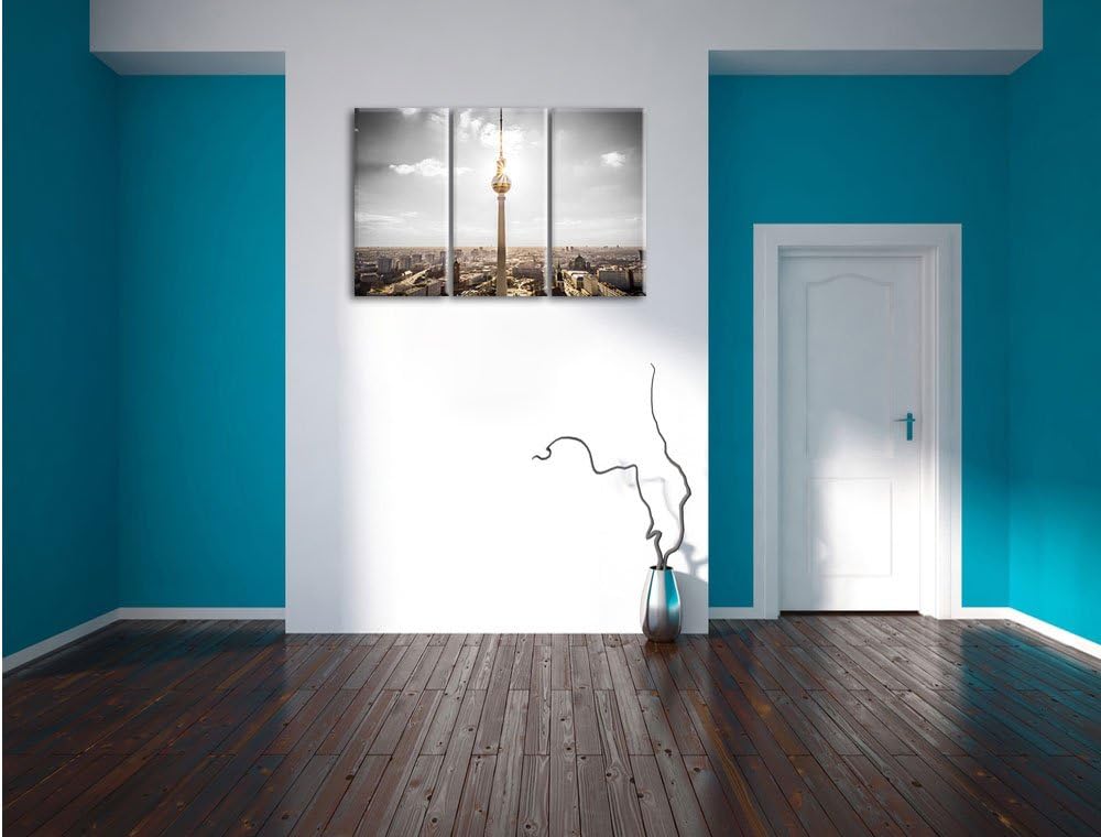 Pixxprint Berliner Fernsehturm am späten Nachmittag schwarz/weiss 3-Teiler Leinwandbild 120x80 Bild