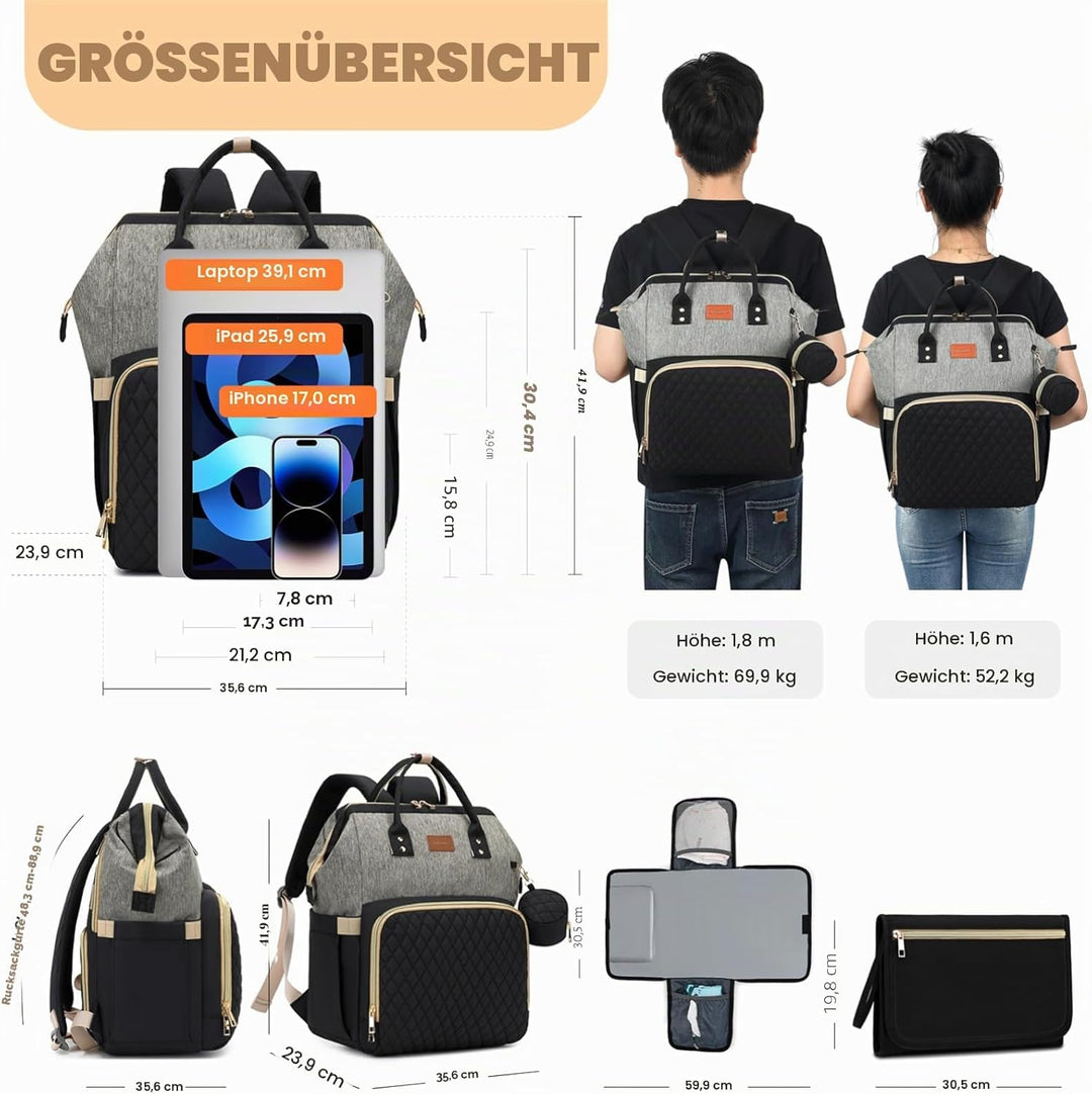 Wickelrucksack Gross - Baby Wickeltasche Rucksack Wasserdicht & Leicht mit Wickelunterlage, Schnulle