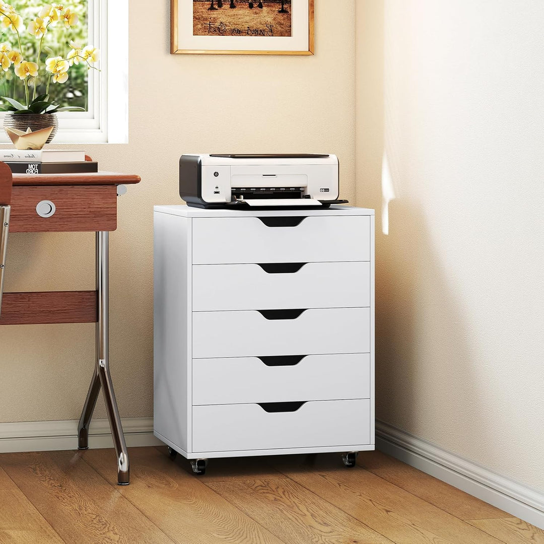 GIANTEX Rollcontainer mit 5 Schubladen, Aktenschrank mit Rollen, Schubladenschrank Holz, Druckertisc