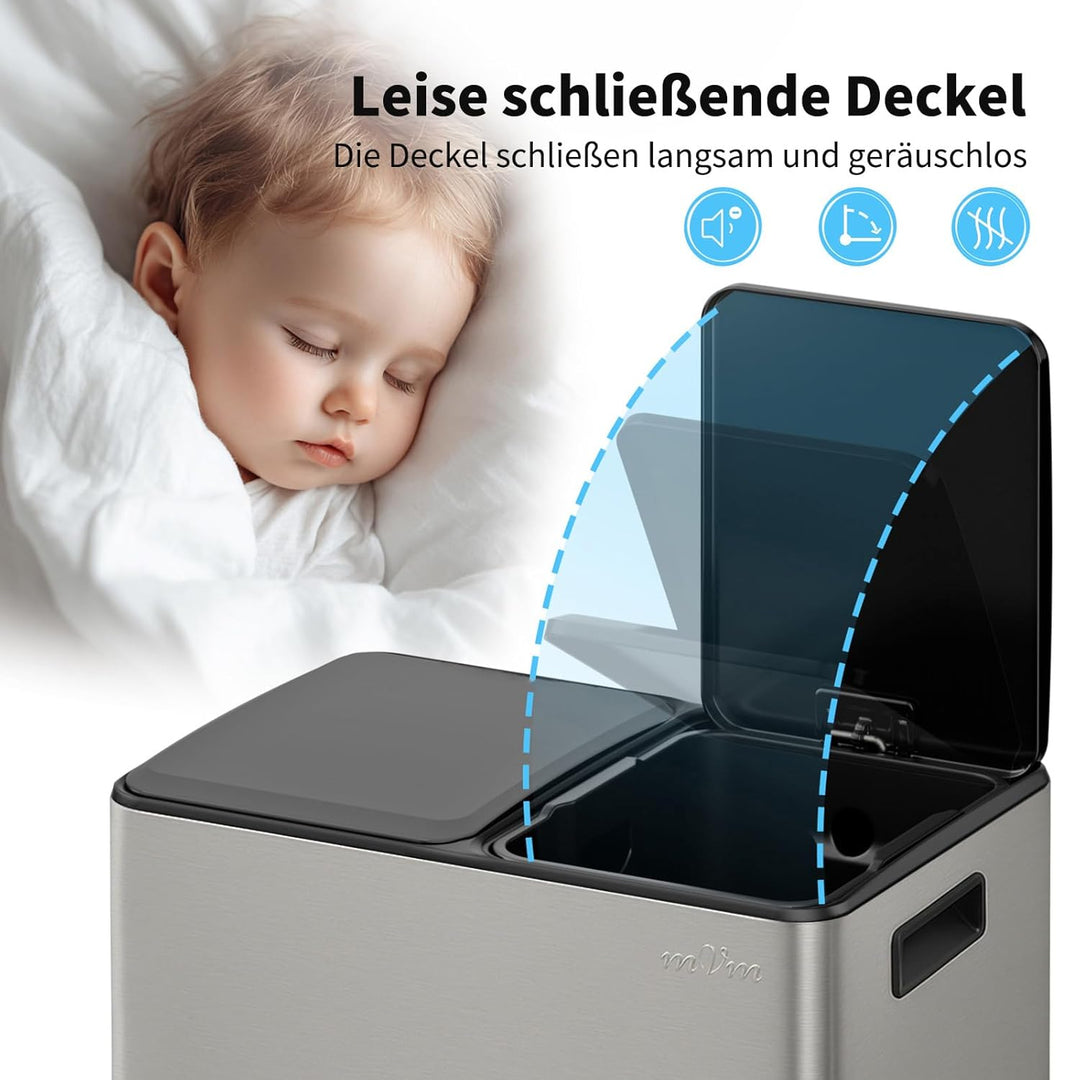 mVm Mülleimer Küche,60 Liter Treteimer,2 x 30 Liter Treteimer, 2 Fächer, Mülltrennsystem, Abfalleime