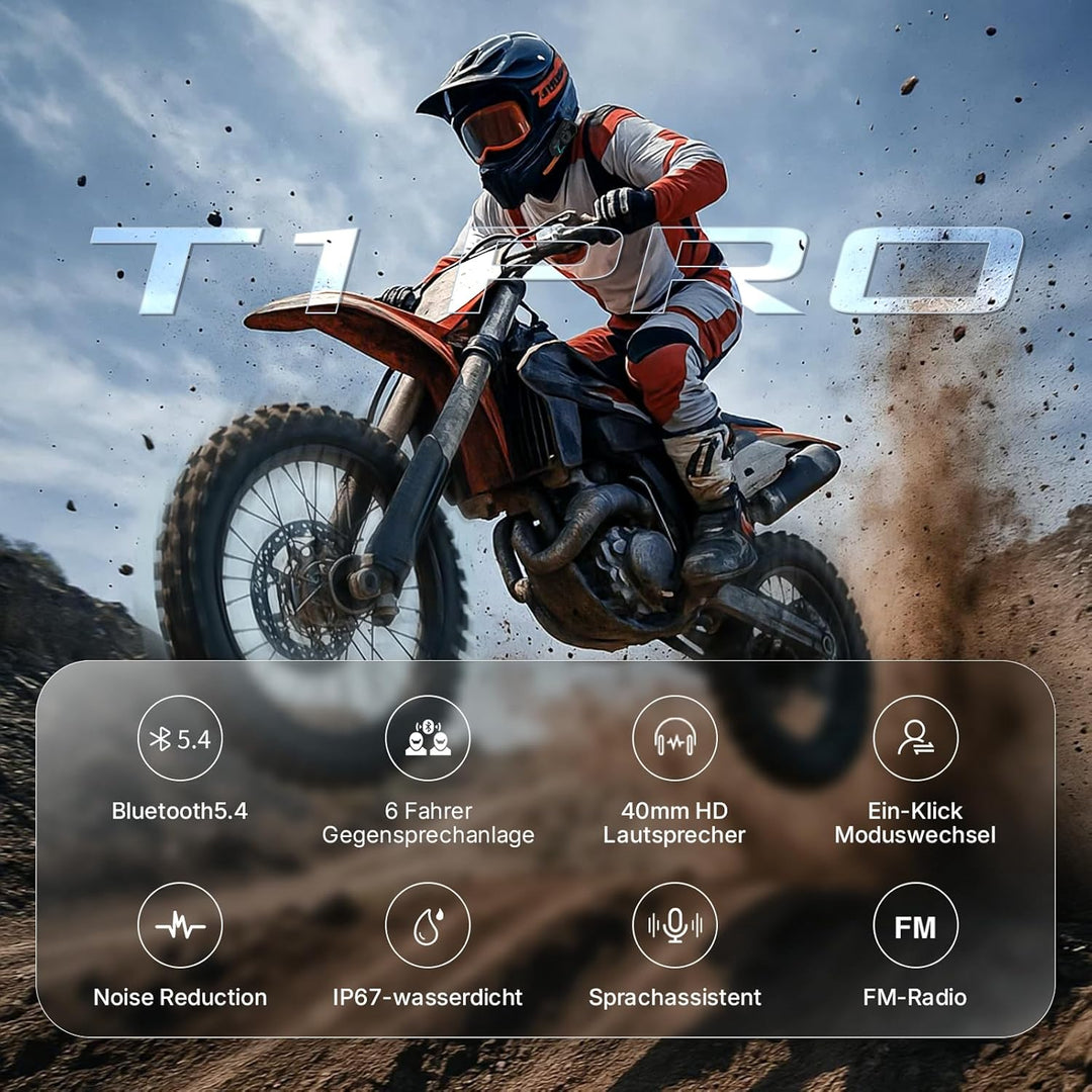 Fodsports T1 Pro Motorrad Intercom 5.4, Headset Motorradhelm für bis zu 6 Motorräder mit 2000m, Moto