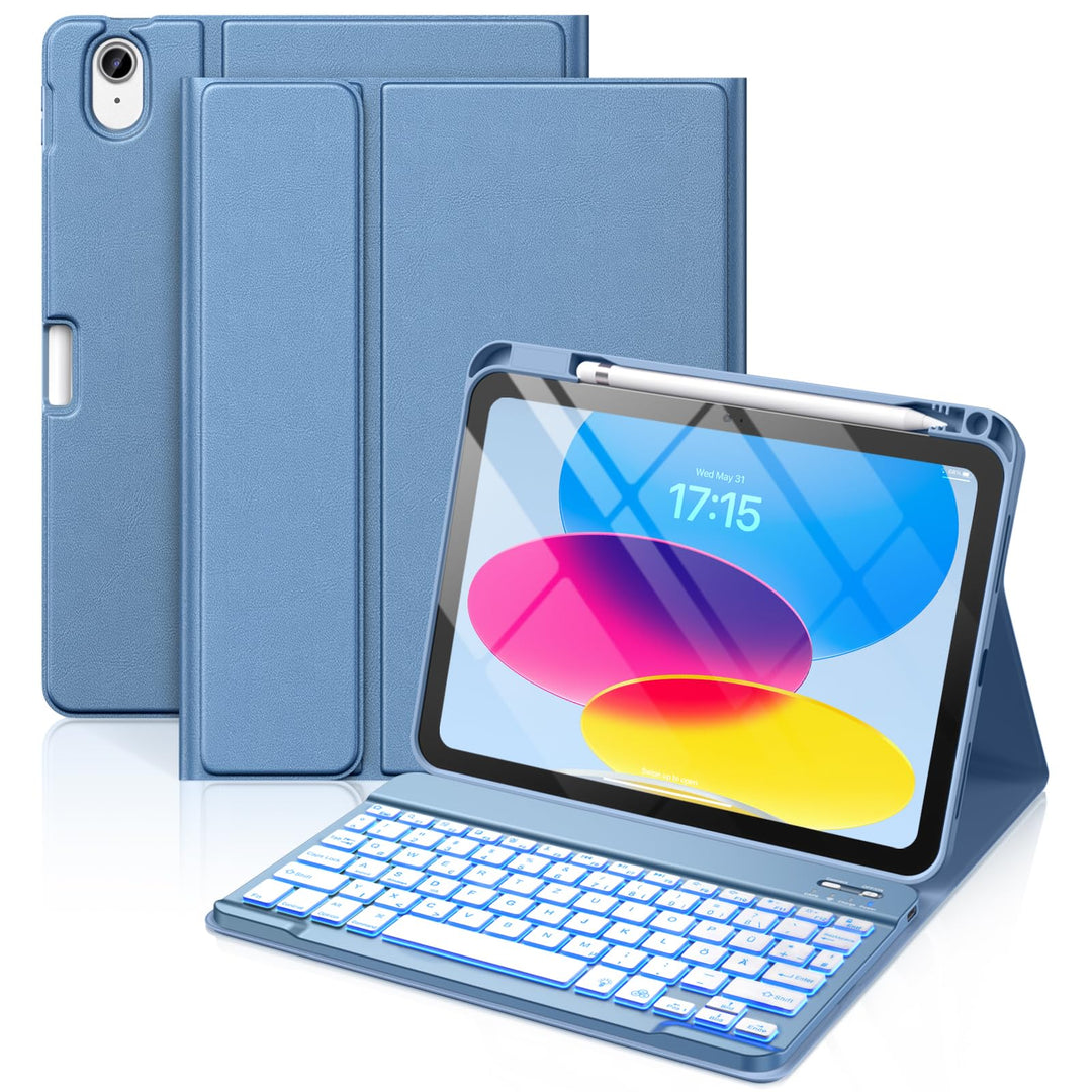 Vobafe Hülle mit Tastatur für iPad 10 Generation 10,9 Zoll 2022-7 Farben Beleuchtete Kabellose Abneh