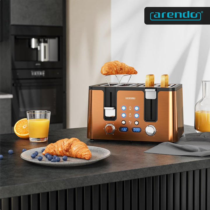 Arendo - Toaster 4 Scheiben Edelstahl - mit Brötchenaufsatz - LED Anzeige Restzeitanzeige – Doppelwa