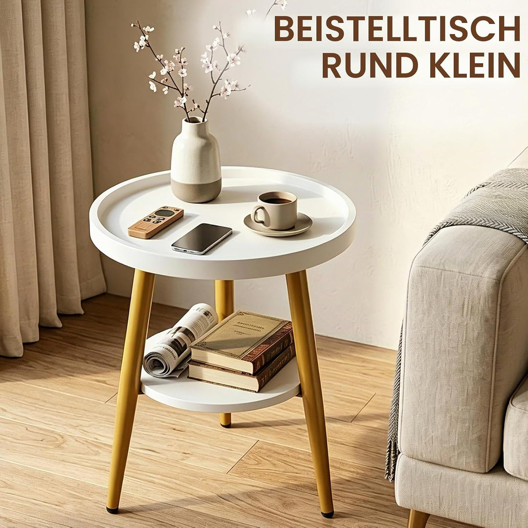 Beistelltisch Rund Holz | Runder Beistelltische Wohnzimmer | Couchtisch Klein mit Unterem Ablage | S
