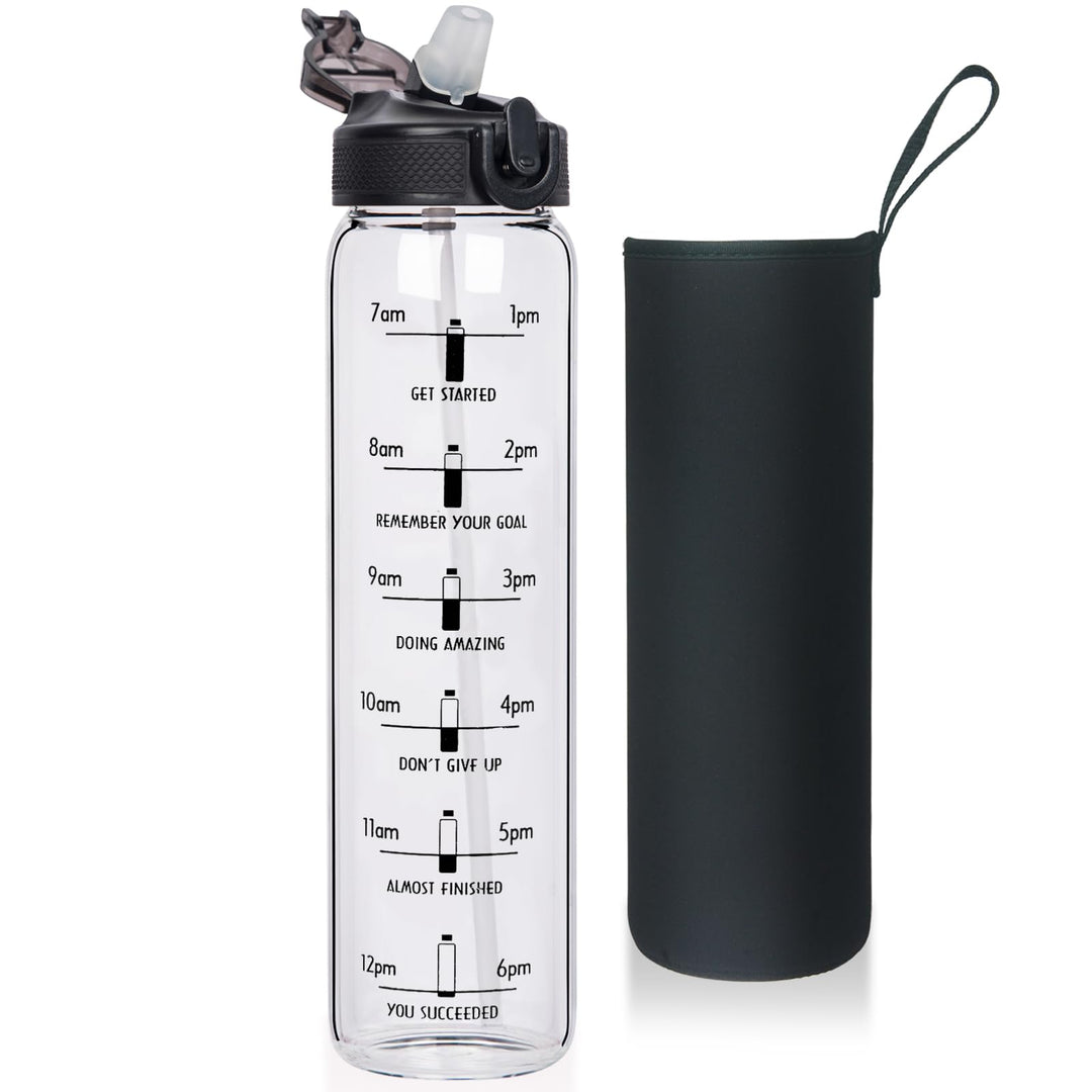 Reeho 1 Liter Borosilikat Glasflasche mit Strohhalm, 1000ml Trinkflasche Glas Wasserflasche mit Zeit