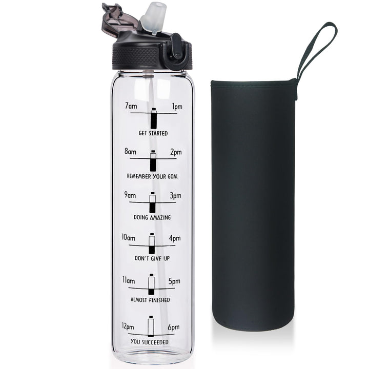 Reeho 1 Liter Borosilikat Glasflasche mit Strohhalm, 1000ml Trinkflasche Glas Wasserflasche mit Zeit