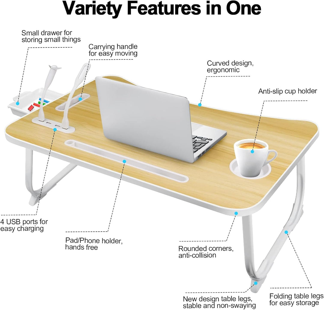 AirOpen Laptoptisch fürs Bett, Klappbar Betttisch mit 4 USB Ladeanschluss, Schublade, Tablet Ständer