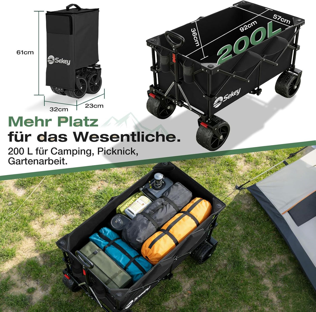 Sekey XXL Plus Bollerwagen Faltbar 200L 200KG Belastbar, Faltbollerwagen mit Extra Breite 17x10 cm A