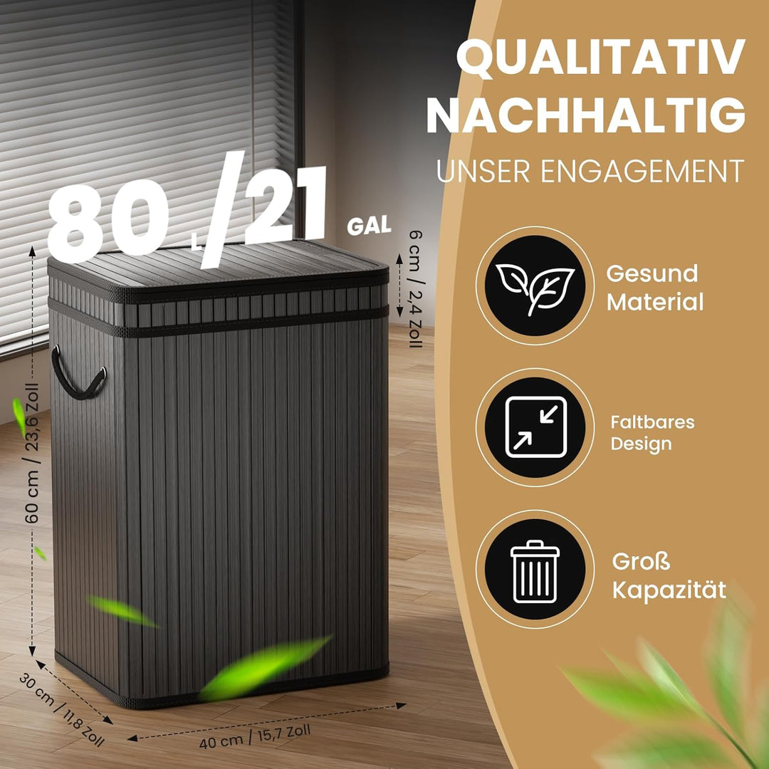 Mihoho 80 Liter grosse Mülleimer mit Deckel, Mülleimer Abfallkorb aus Bambus, Outdoor Mülleimer/Abfa