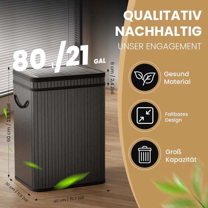 Mihoho 80 Liter grosse Mülleimer mit Deckel, Mülleimer Abfallkorb aus Bambus, Outdoor Mülleimer/Abfa