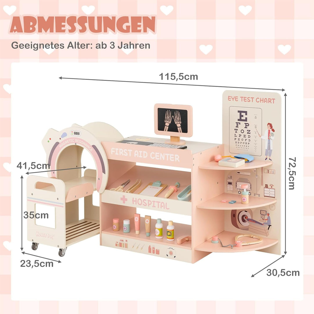 DREAMADE Arztspielset für Kinder, Krankenhaus aus Holz mit Sehtest, CT-Spielgerät & Röntgenapparat,