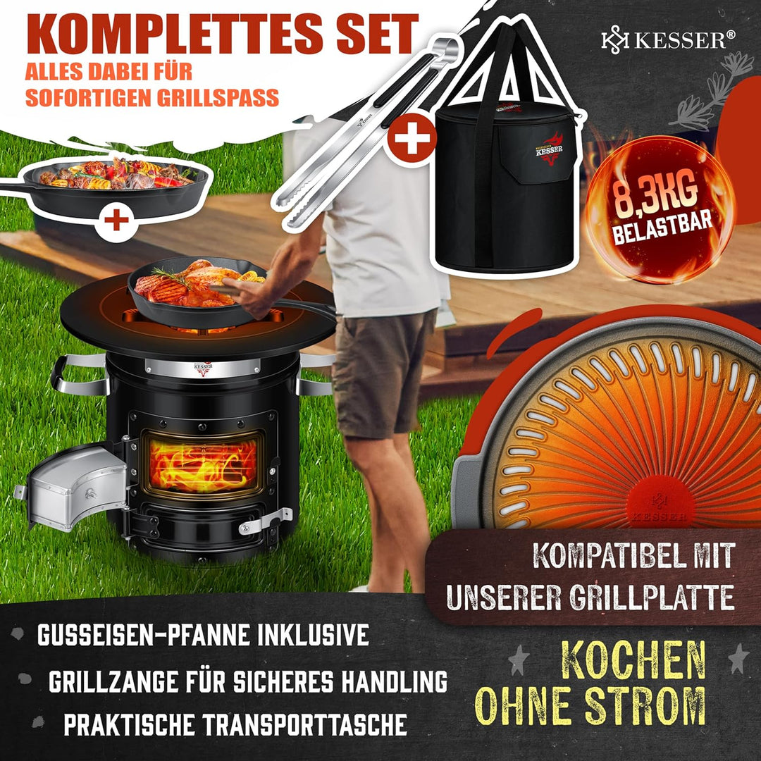 KESSER® Raketenofen Inkl. Grillpfanne aus Gusseisen mit Tragetasche Dutch Oven BBQ Rakete Holzofen C