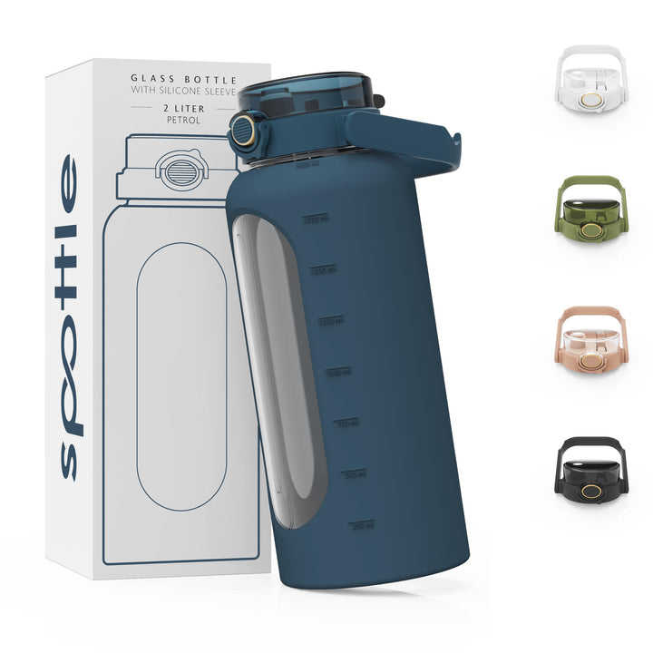spottle Glasflasche 2 Liter - Trinkflasche 2L Glas mit Strohhalm - Grosse Wasserflasche mit Schutzhü