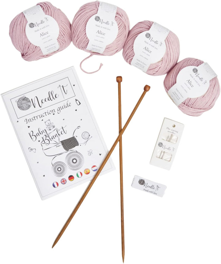 Strickset für Anfänger komplett mit Stricknadeln - Babydecke zum Selberstricken - Geschenkidee (Rosa