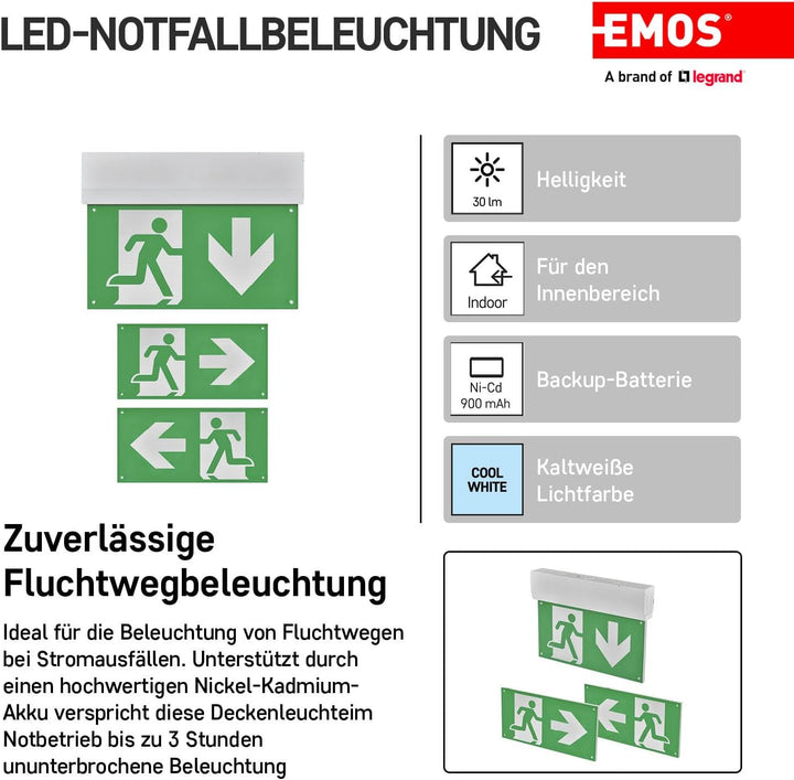 EMOS LED Notbeleuchtung, Notausgangsschild bis zu 3h Notfall-Modus, Fluchtwegleuchte mit Manuell-Tes