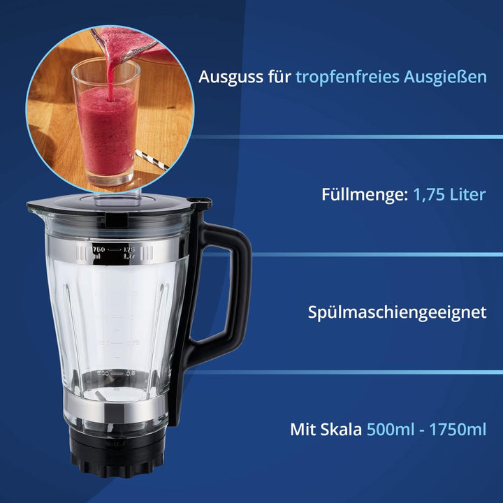KHG Smoothie Maker Standmixer aus Glas für 1,75 Liter in Schwarz & Edelstahl, mit Messskala, Nachfül