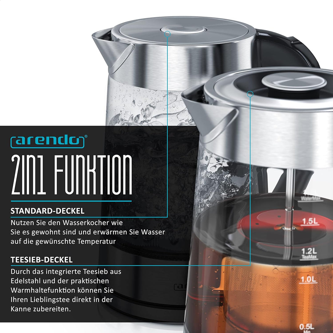 Arendo - Wasserkocher mit Toaster SET, Edelstahl Glas Wasserkocher mit Teesieb und wählbaren Tempera