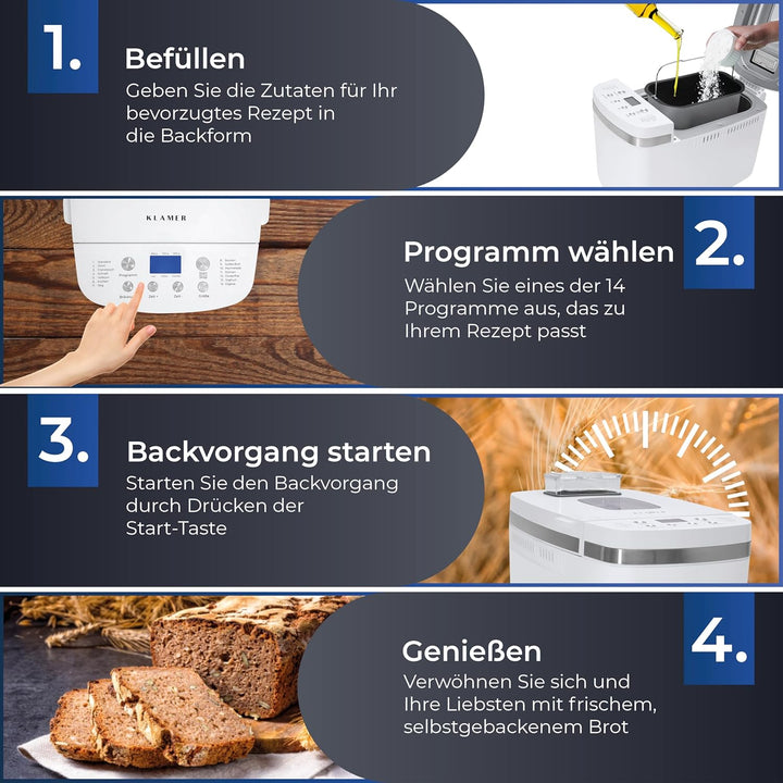 KLAMER Brotbackautomat, 14 Backprogramme, 3 einstellbare Bräunungsstufen, automatische Zubereitung v
