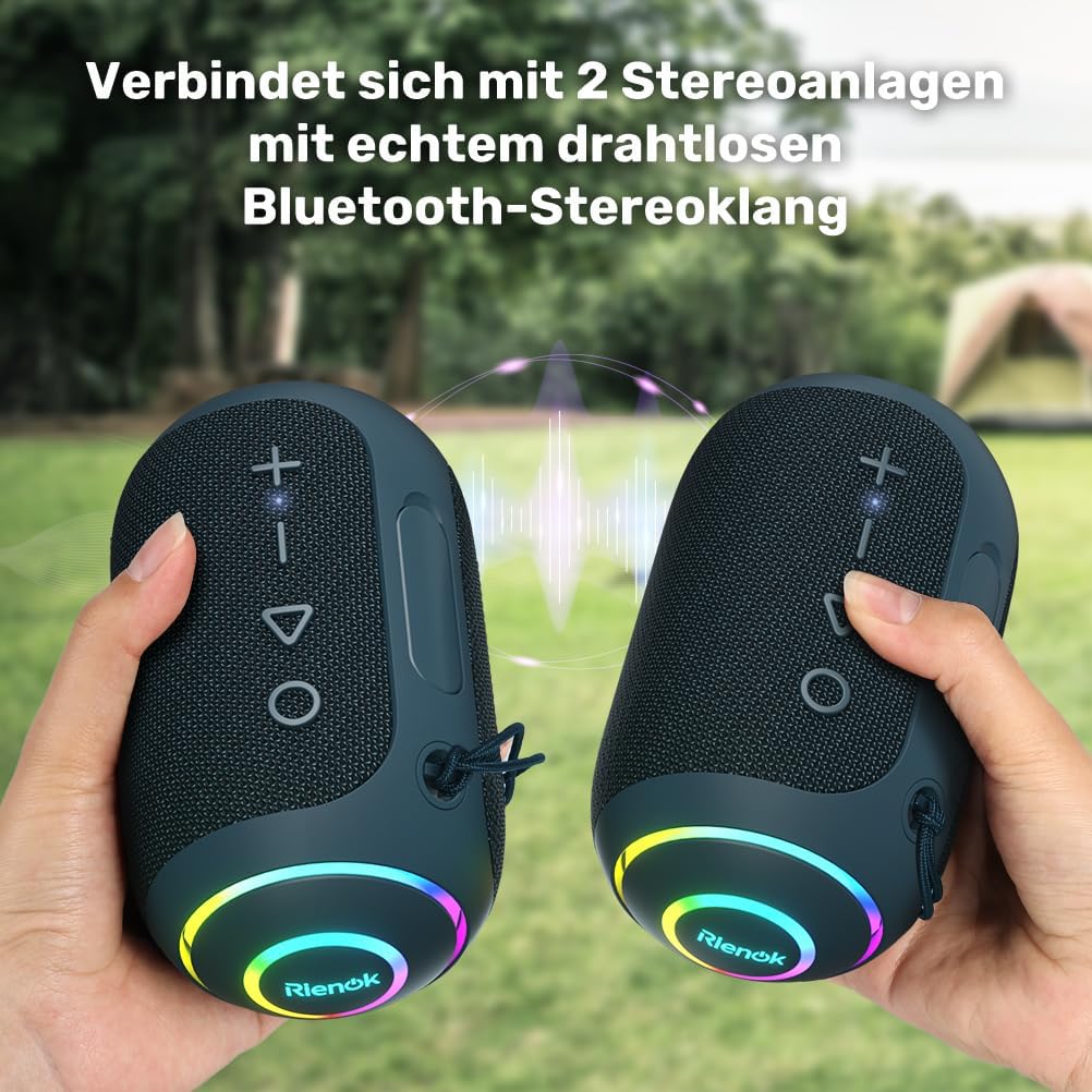RIENOK Bluetooth Lautsprecher Musikbox mit LED-Licht Bluetooth 5.3 Klein Tragbar Stereo Kabellos Box