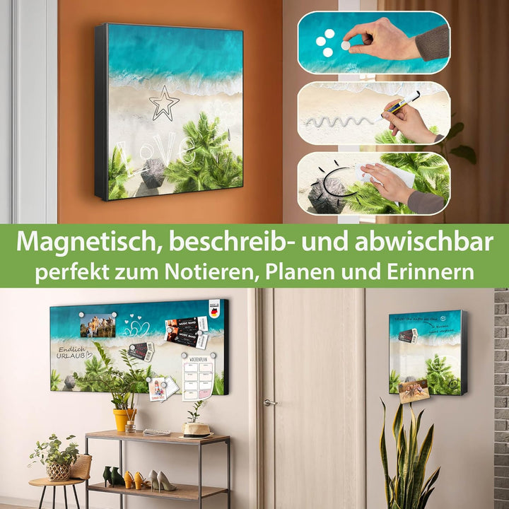 banjado® Grosser Schlüsselkasten Glas/Schlüsselbox 30cm x 30cm mit 50 Haken - Motiv Strandtag/Schlüs