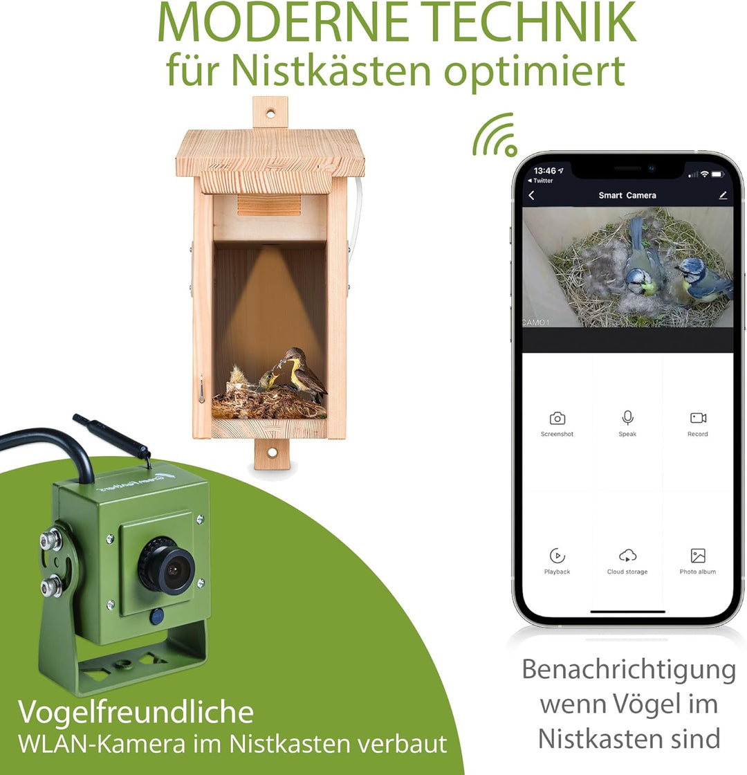 Nestblick Plus in Beige mit WLAN-Kamera. Nistkasten für Live-Beobachtung mit App, Full-HD, Nachtsich
