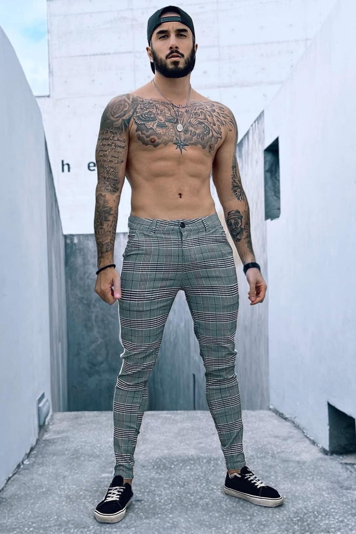 GINGTTO Herren Chino Hose Skinny Stretch Chinohose Karo Slim fit Stoffhose Check Tapered Casual Pant