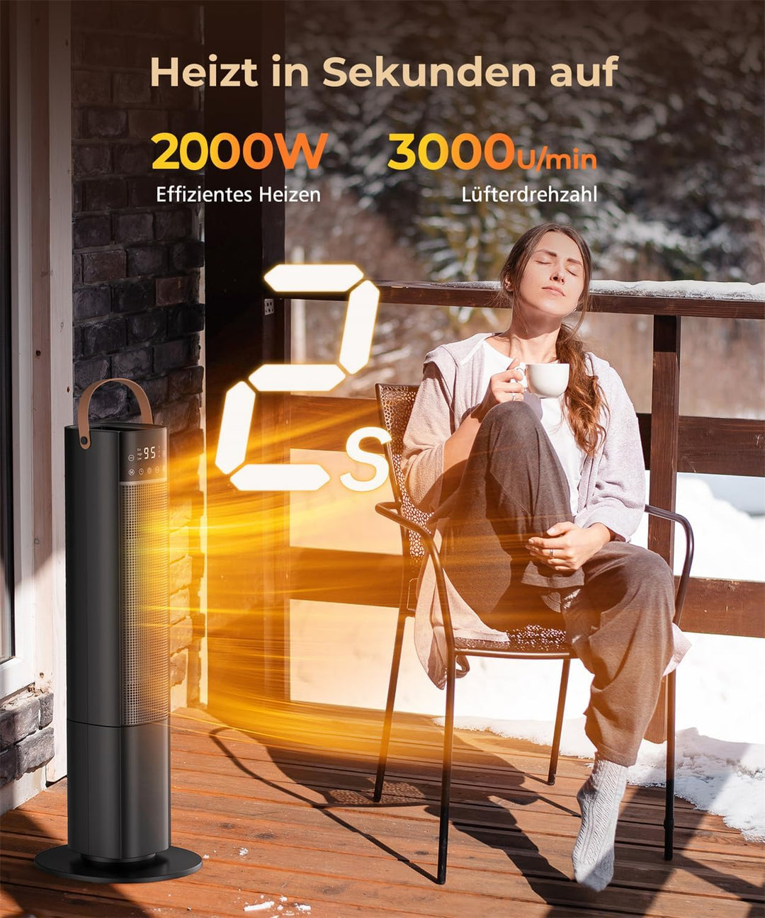 Heizlüfter Energiesparend, 2000W PTC Keramik Heizlüfter, 75° Oszillierend Elektroheizung mit Thermos