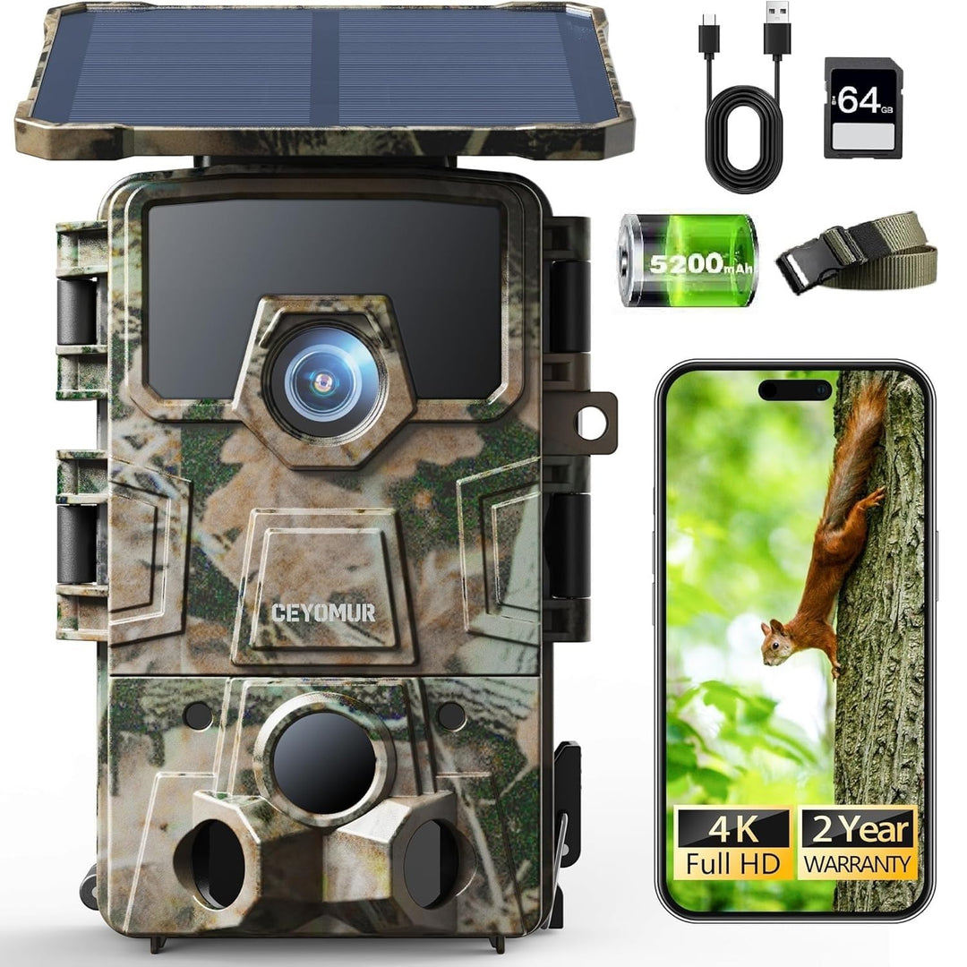 CEYOMUR Solar Wildkamera 4K 30fps, 46MP Wildkamera WLAN Bluetooth, 120° Erfassungs Winkel Bewegungsm