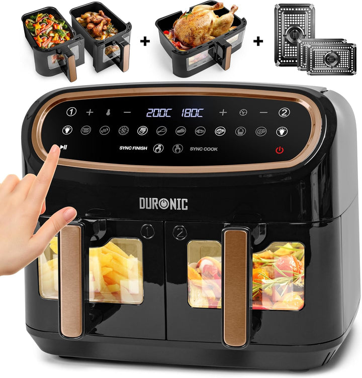 Duronic AF34 BG Heissluftfritteuse | XXL Doppel Fritteuse mit 2 Kammern und 10 Liter Volumen | Cook