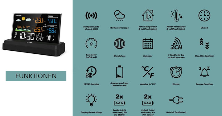 SOUCCESS FUNK-WETTERSTATION "DELUXE" - FARBIGE WETTERSTATION MIT FUNKUHR, WETTERDATEN, AUSSENSENSOR,