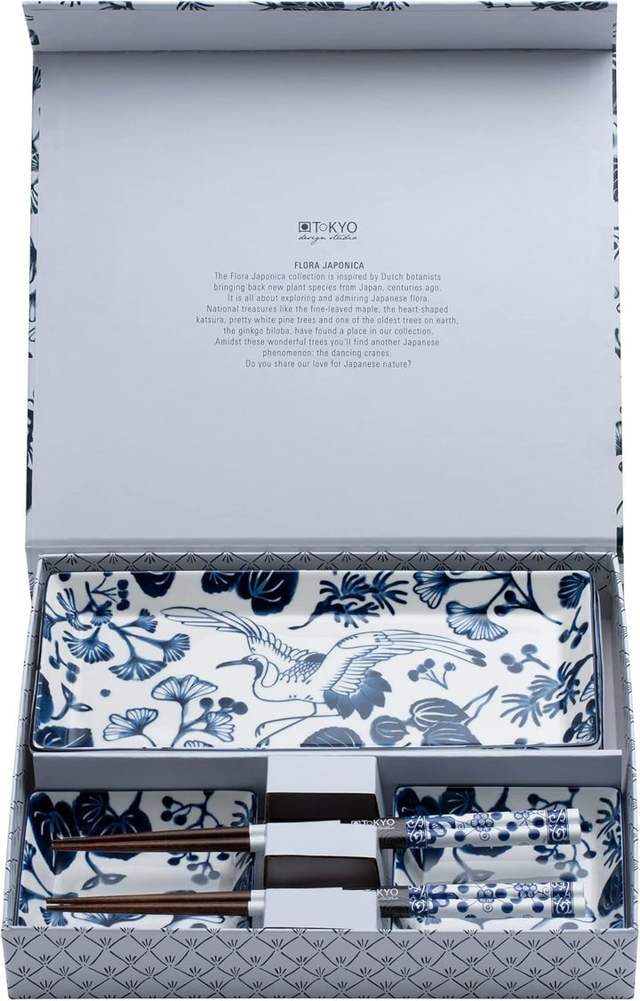 TOKYO design studio Flora Japonica Sushi-Set blau-weiss, 6-TLG, 2X Sushi-Platten, 2X Saucenschalen,