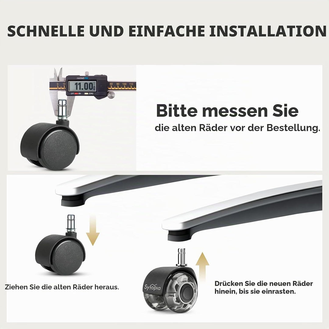 Sytopia Universal Bürostuhlrollen, 5er Set Bürostuhl Rollen 11x22MM, Perfekte Leise Gummirollen für
