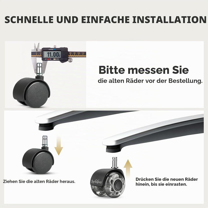 Sytopia Universal Bürostuhlrollen, 5er Set Bürostuhl Rollen 11x22MM, Perfekte Leise Gummirollen für