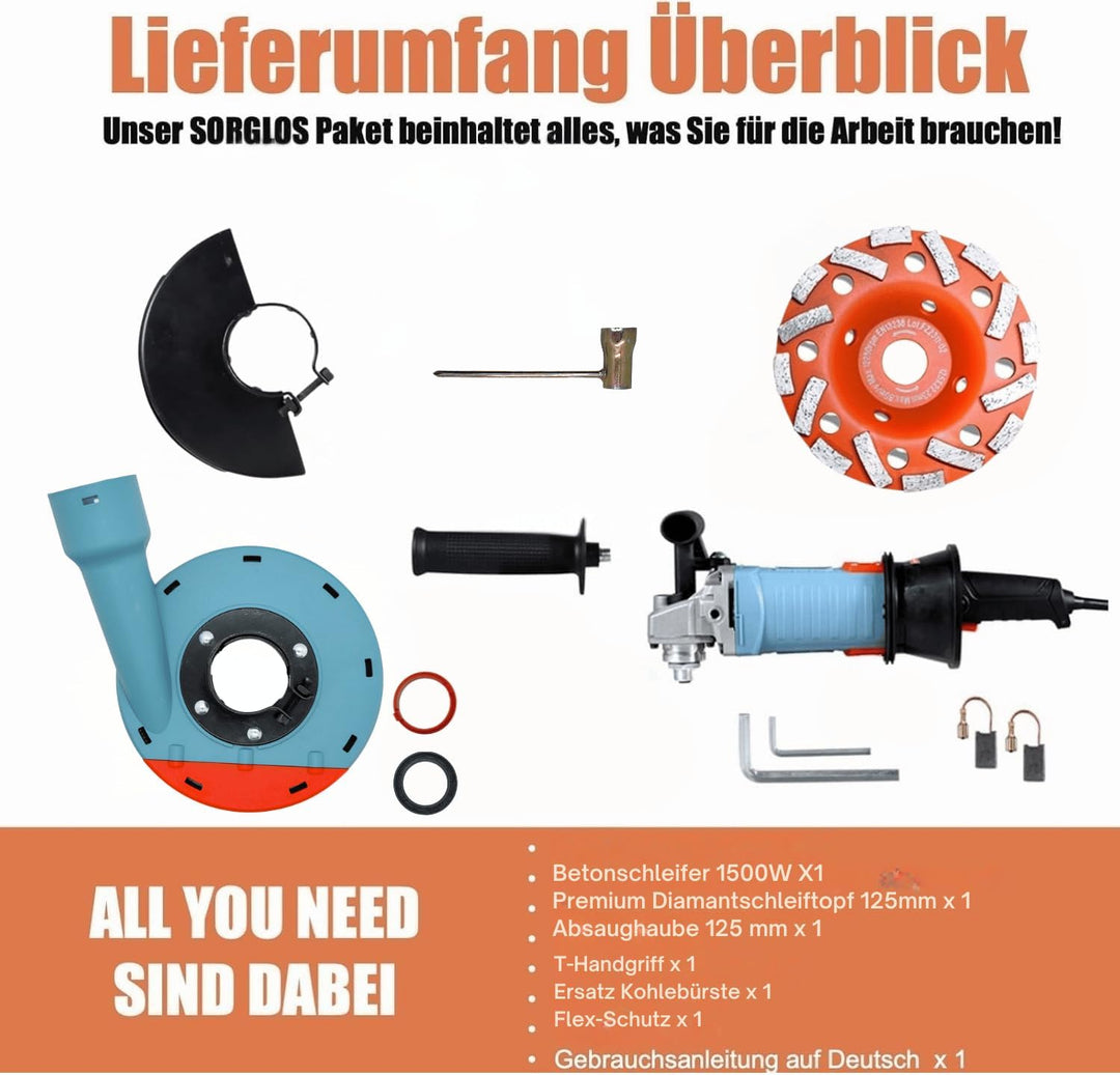 FANZWORK 1500W Betonschleifer Betonfräse Set, Drehzahlregelbar, inkl. Premium 125mm Diamantschleifto