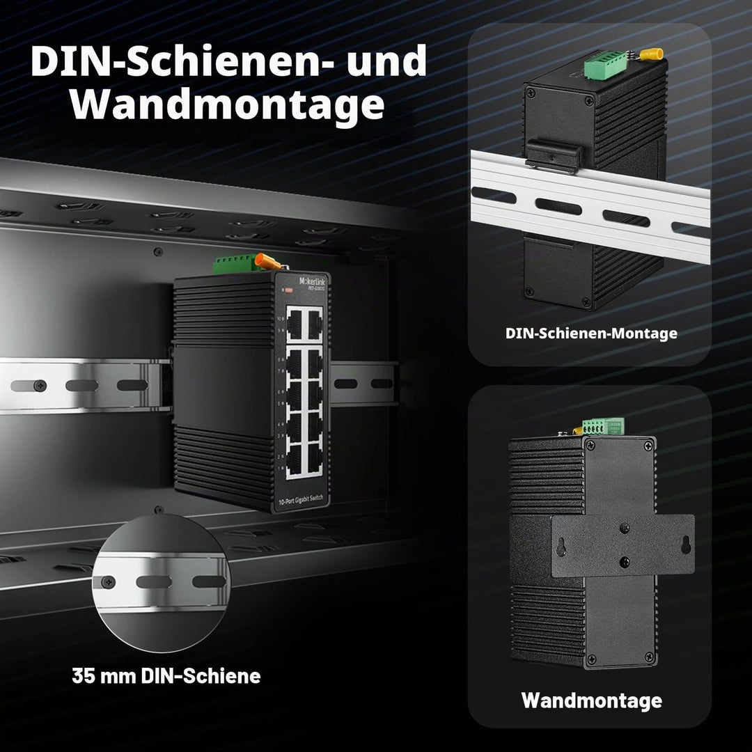 MokerLink 10 Port Gigabit Industrial DIN-Rail Ethernet Switch, Unmanaged IP40 Netzwerk-Switch (-40 b