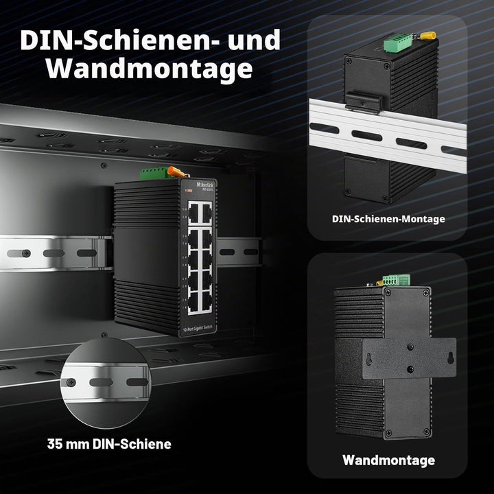 MokerLink 10 Port Gigabit Industrial DIN-Rail Ethernet Switch, Unmanaged IP40 Netzwerk-Switch (-40 b