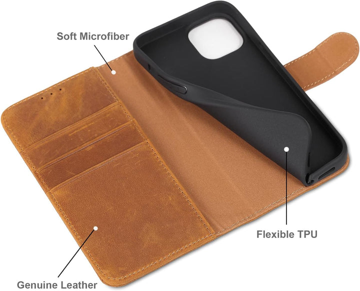 LENSUN Echtleder Hülle für iPhone 14, Handyhülle [Echtes Leder][Magnetverschluss][RFID Schutz] Handy