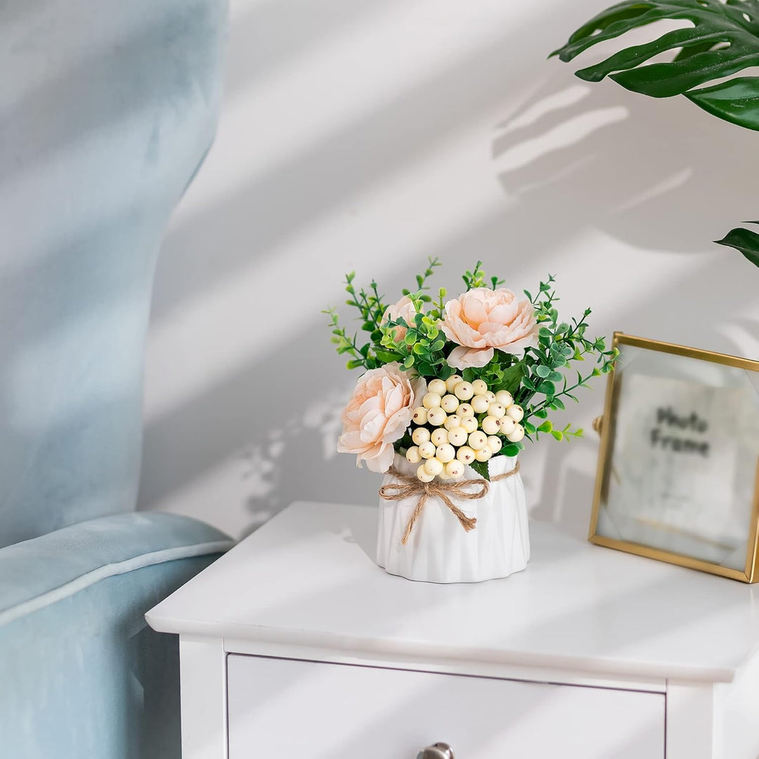 BLOSMON Kunstblumen im Topf Deko: 2 Stück Mini Champagner Künstliche Rosen Künstlich Blumen mit Vase