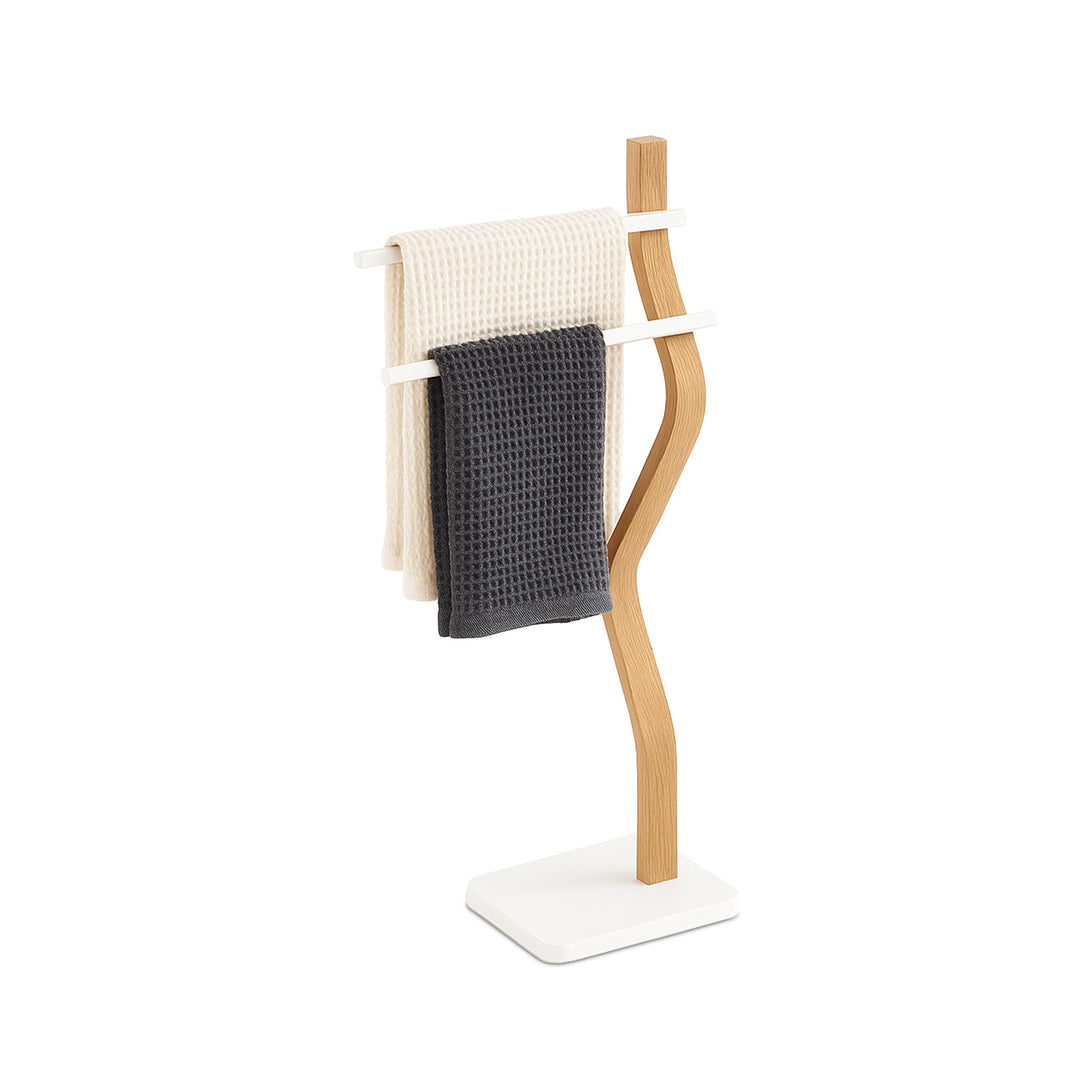Relaxdays Handtuchständer, HxBxT: 86 x 37 x 18 cm, Metall, Holz, 2 Stangen, stehender Handtuchhalter