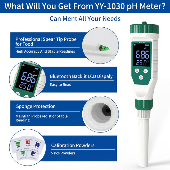 pH Messgerät mit Bluetooth, pH Wert Messgerät für Lebensmittel, Hochpräzises pH Meter mit 0,01 Auflö